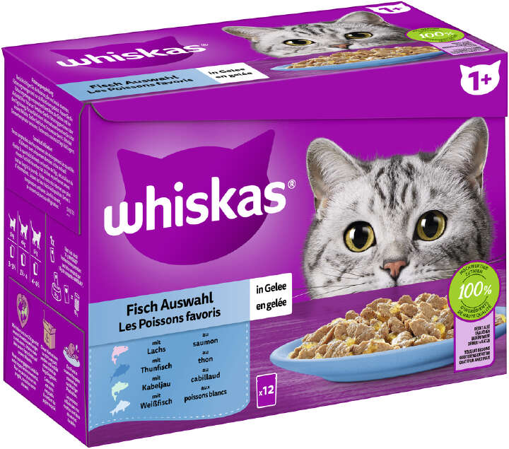 whiskas Katzen-Nassfutter Multipack 1+ Fisch Auswahl in Gelee 12x85g